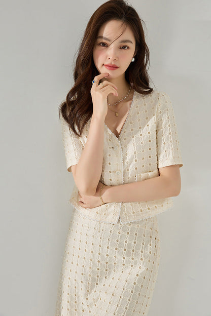 Elegant Geometry Ecru Tencel Top and Midi Top&Skirt