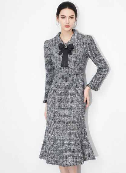 Chanel-Inspired Tweed Mermaid Dress – Elegant Slim Fit Long-Sleeve Design