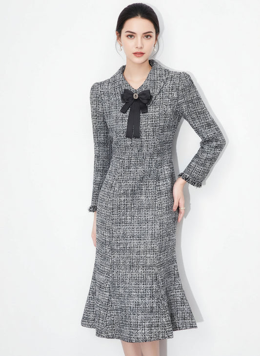Chanel-Inspired Tweed Mermaid Dress – Elegant Slim Fit Long-Sleeve Design