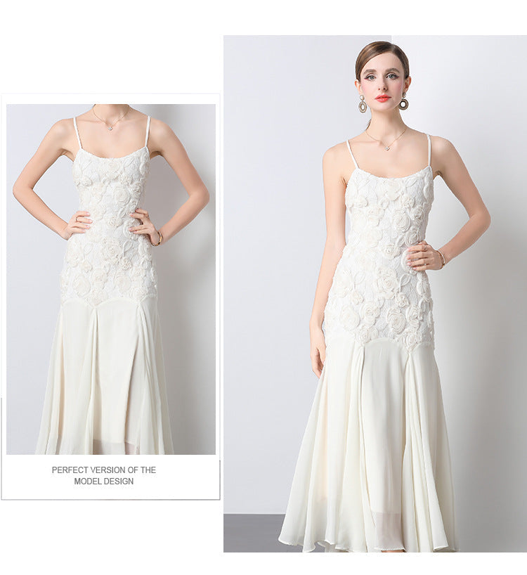 French Rose Embroidered Mermaid Strappy Maxi Dress