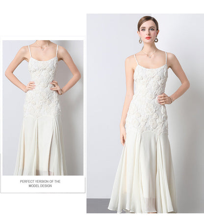 French Rose Embroidered Mermaid Strappy Maxi Dress