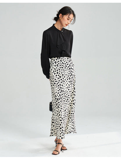 Satin Leopard Flare Skirt – Black & White Shine