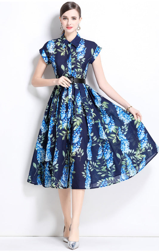 Printed Polo Collar Elegant Midi Dress