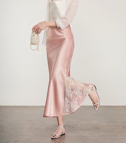 Lace Patchwork Eyelet Mermaid Skirt with Slit Detail