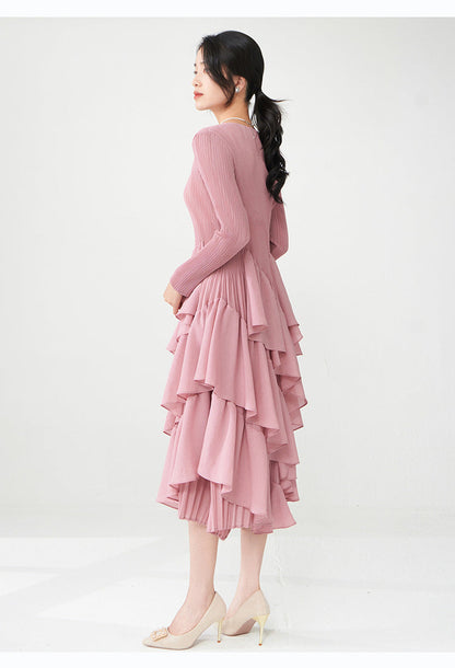Spring Breeze Ruffled Midi Dress – Long Sleeve, One Size