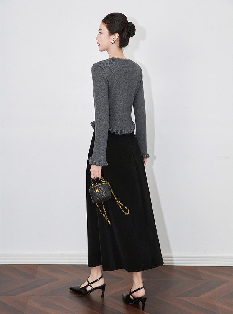 3D Floral Knit Top + Velvet Skirt Set – Elegant French Winter Ensemble