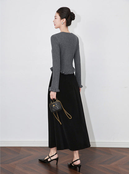 3D Floral Knit Top + Velvet Skirt Set – Elegant French Winter Ensemble