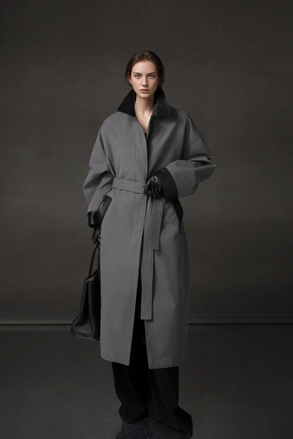 Leather-Trimmed Polo Collar Oversized Long Trench Coat