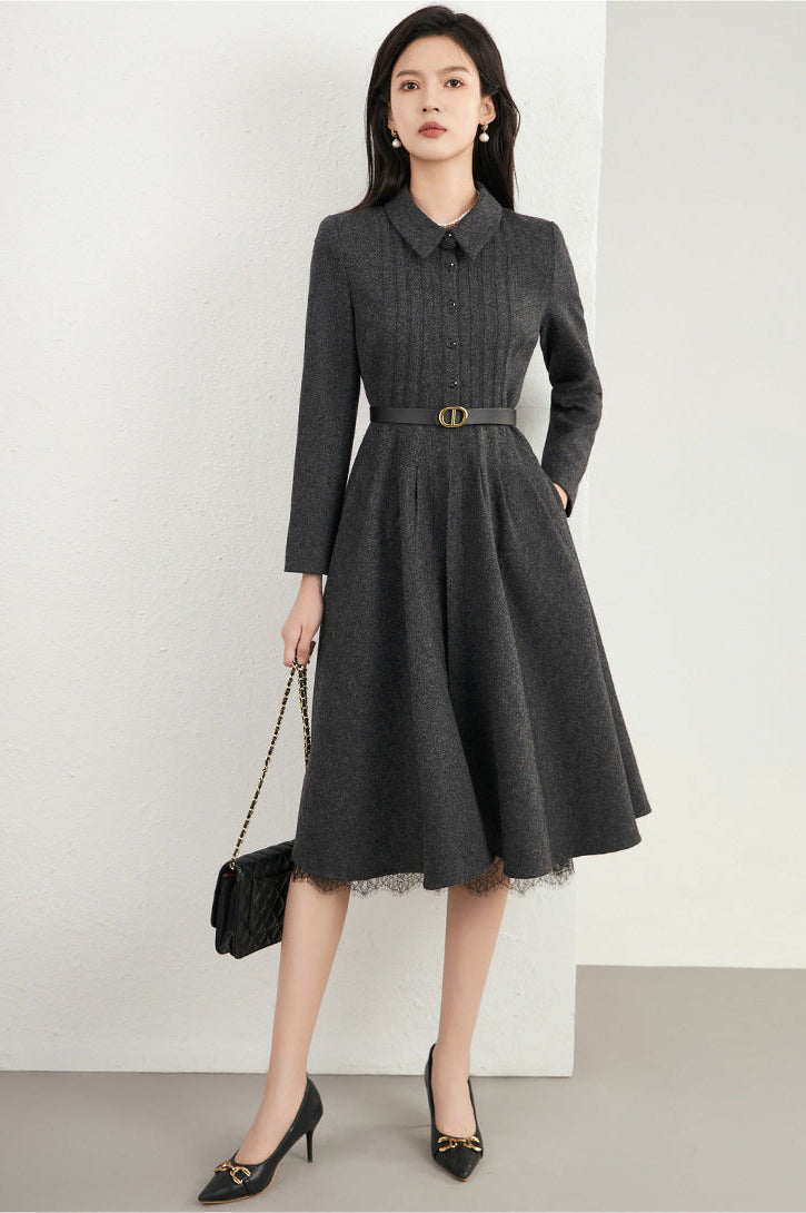 Wool-Blend Herringbone A-Line French Dress