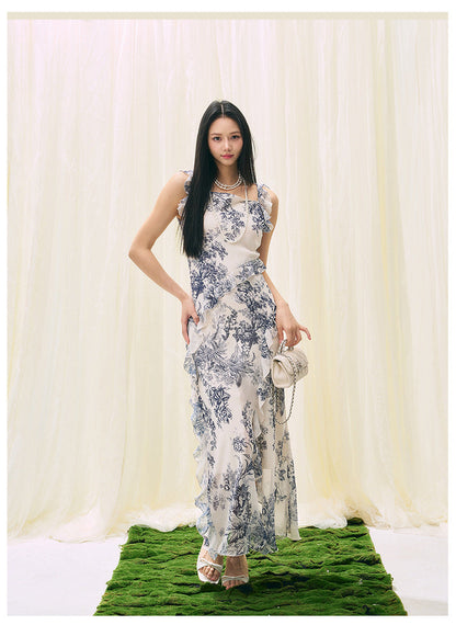 Ruffled Square Neck Slit Vacation Dress