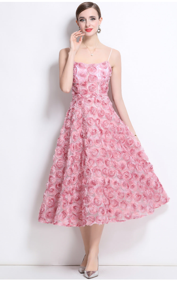 3D Rose Appliqué Strappy Midi Dress