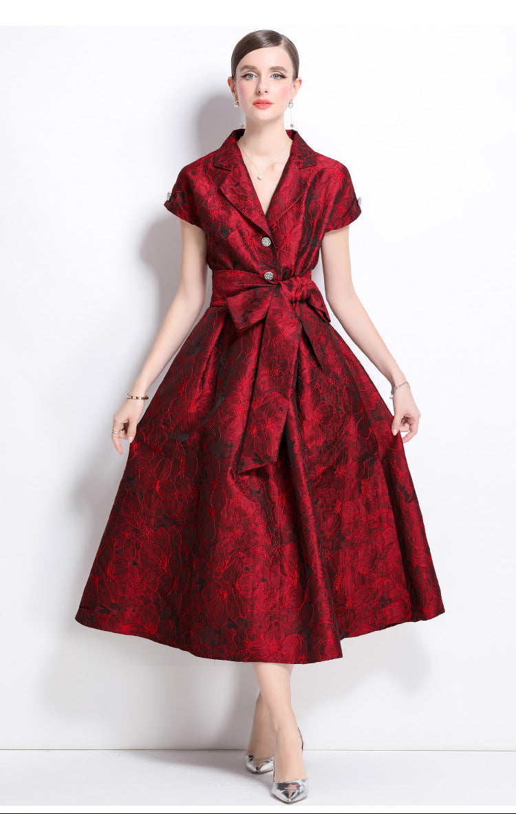 Jacquard A-Line Evening Gown with Full Flowing Skirt