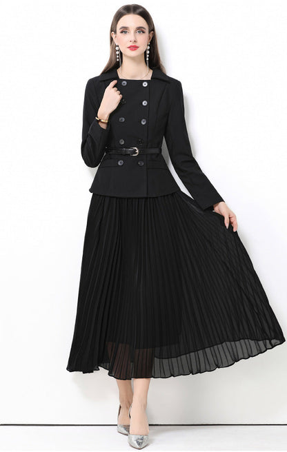 Retro Pleated Detail Long Black Dress