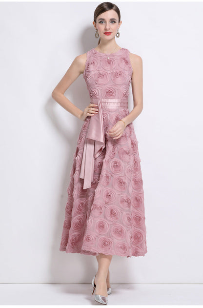 Elegant 3D Floral Belted Maxi Dress