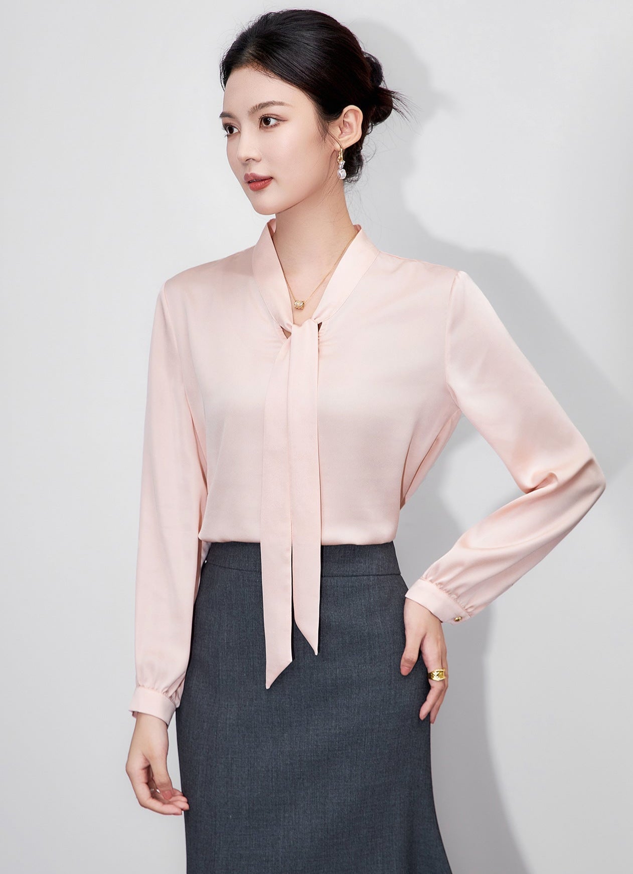 Powder Elegance Satin Bow-Tie Blouse – French-Inspired Sophistication