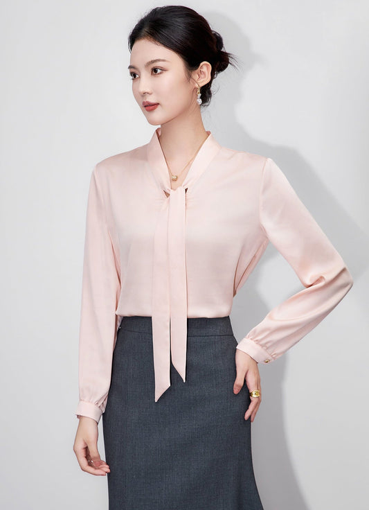 Powder Elegance Satin Bow-Tie Blouse – French-Inspired Sophistication