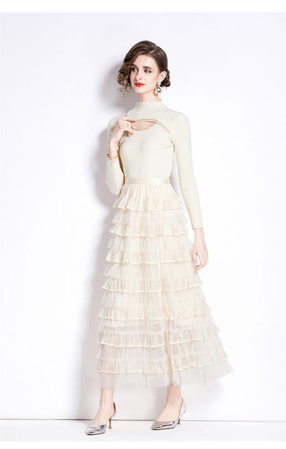 Layered Knit & Tulle Maxi Dress – Faux Two-Piece Design