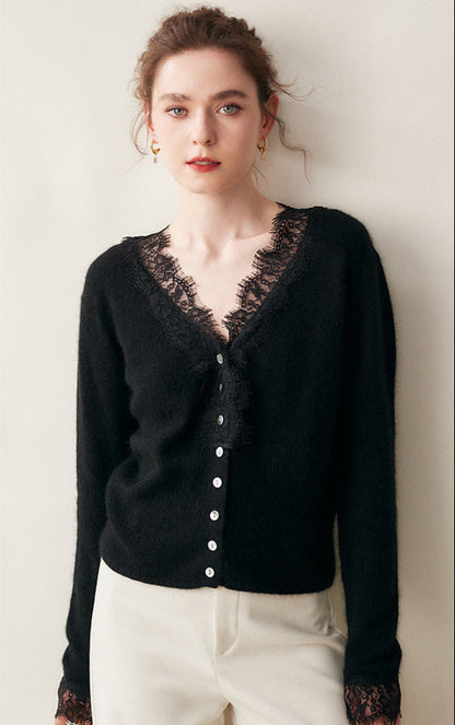 Lace-Trim Baby Cashmere Cardigan
