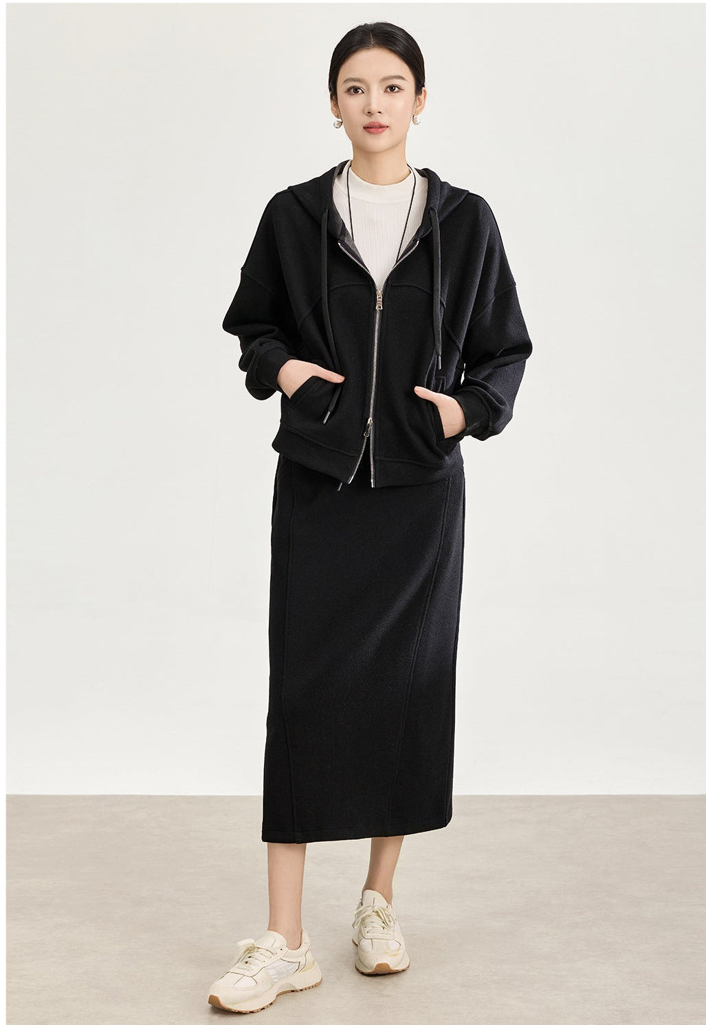 Soft Wool-Blend Hooded Jacket & Elastic Waist Skirt Set