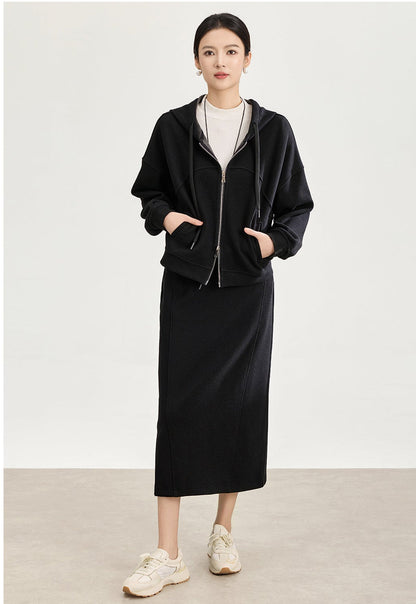 Soft Wool-Blend Hooded Jacket & Elastic Waist Skirt Set