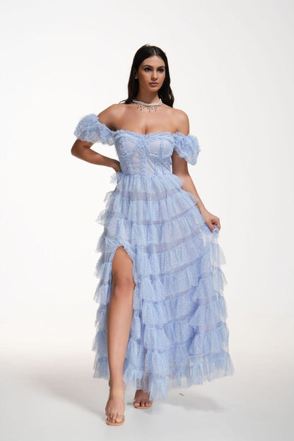 Polka Dot High-Waist Slit Maxi Dress