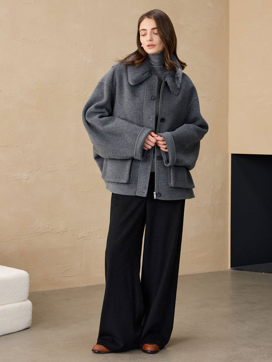 Short Alpaca Wool-Blend Coat with Rex Fur Collar