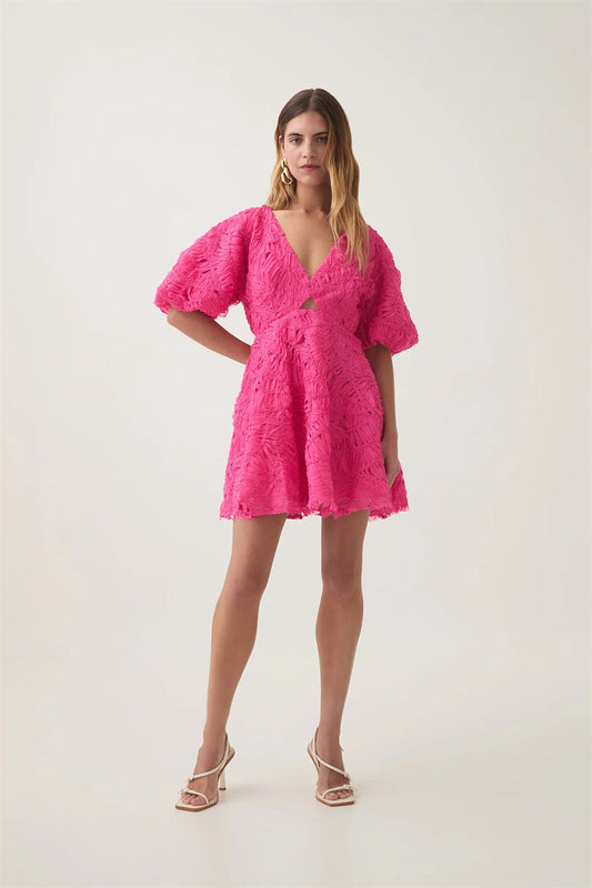 Textured Short Puff Sleeve A-Line Dress