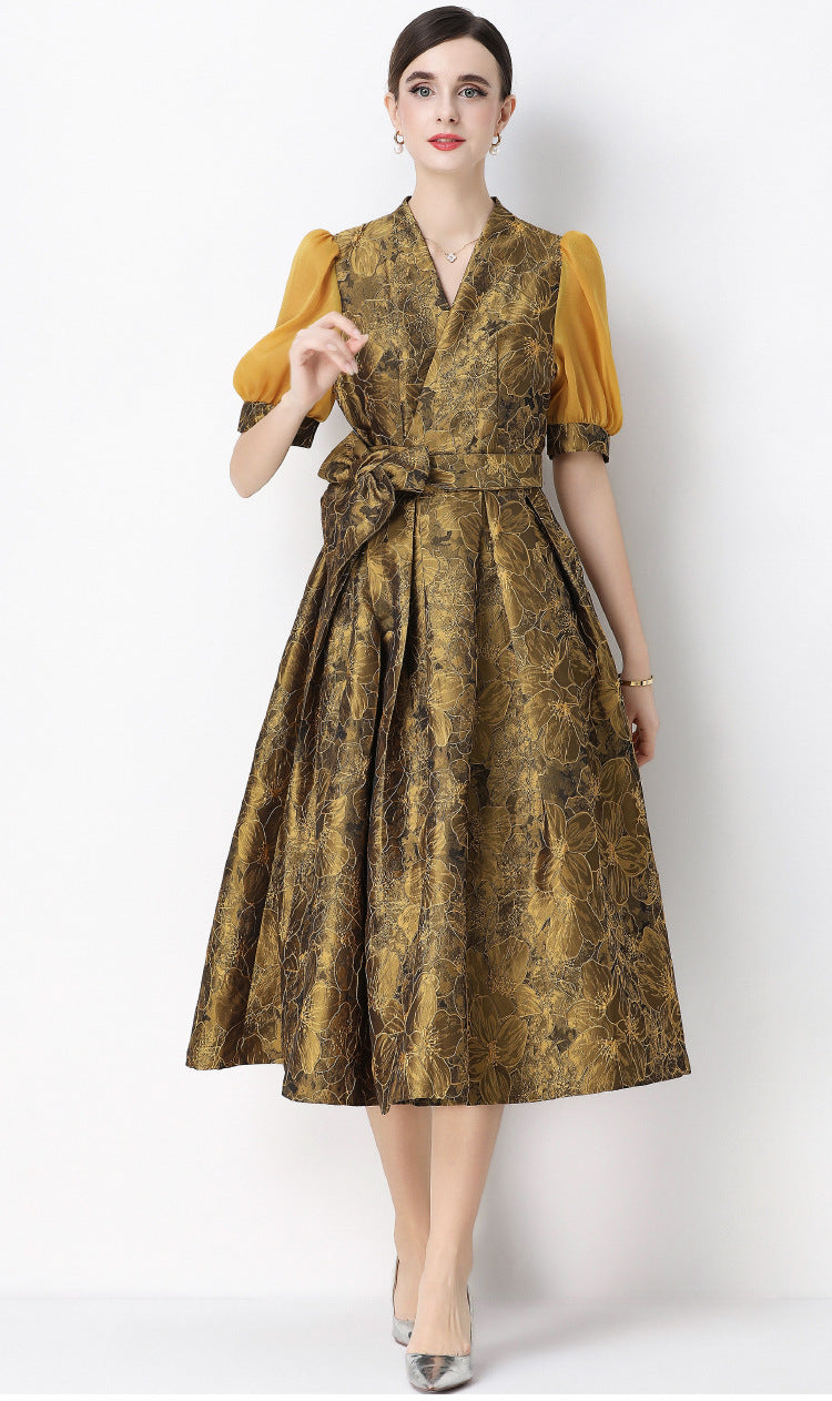 Jacquard Puff Sleeve V-Neck Maxi Dress