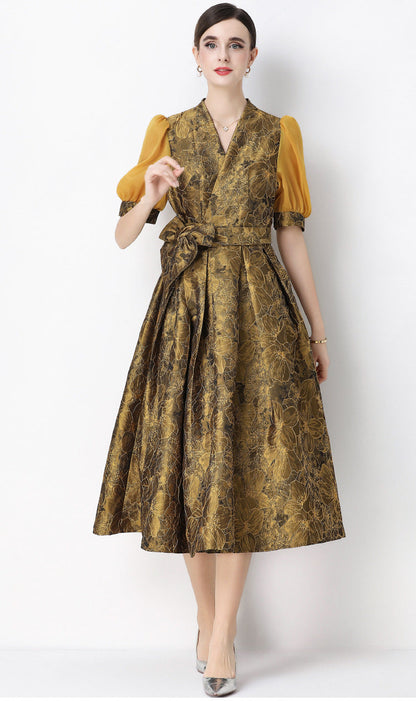 Jacquard Puff Sleeve V-Neck Maxi Dress
