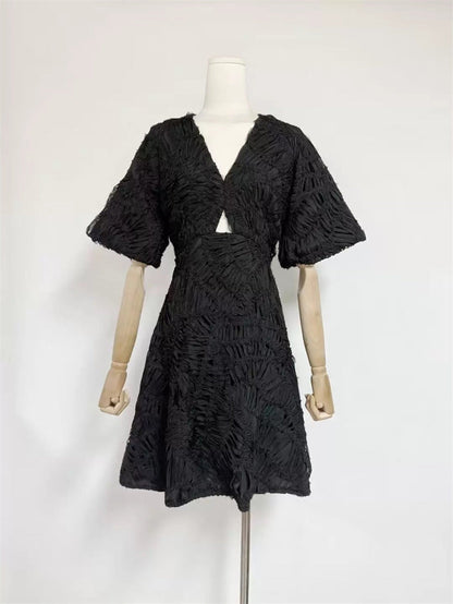 Textured Short Puff Sleeve A-Line Dress
