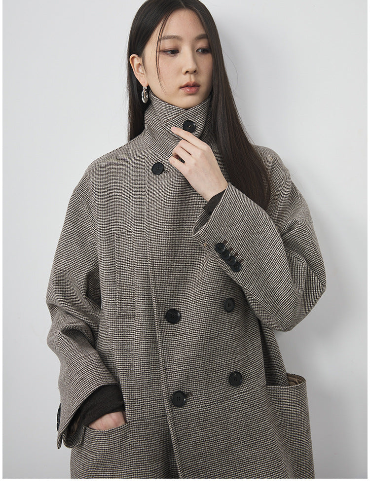Extra Long Plaid Wool Coat with Silk-Blend Collar