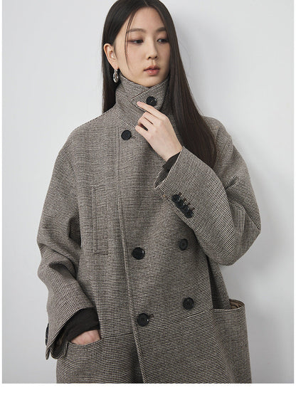 Extra Long Plaid Wool Coat with Silk-Blend Collar