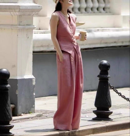 Pink Linen Vest & Wide-Leg Trousers Set – Elegant, Breezy, Timeless