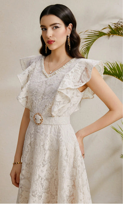 Ruffled Sleeve Beaded Belted Tulle Maxi Dress