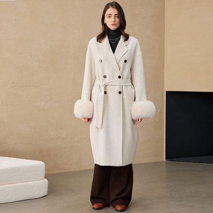 Alpaca Wool Long Coat with Fur Collar & Wide Sleeves