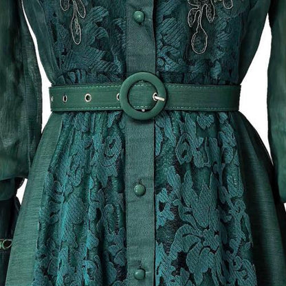 Lace Collar Lantern Sleeve Midi Dress