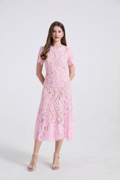 Pearl Embellished Lace Midi Dress