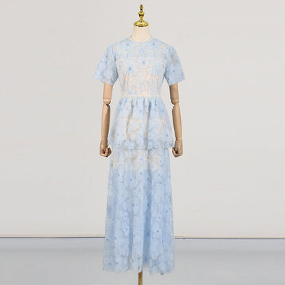 French Elegance Tiered Tulle Embroidered Maxi Dress
