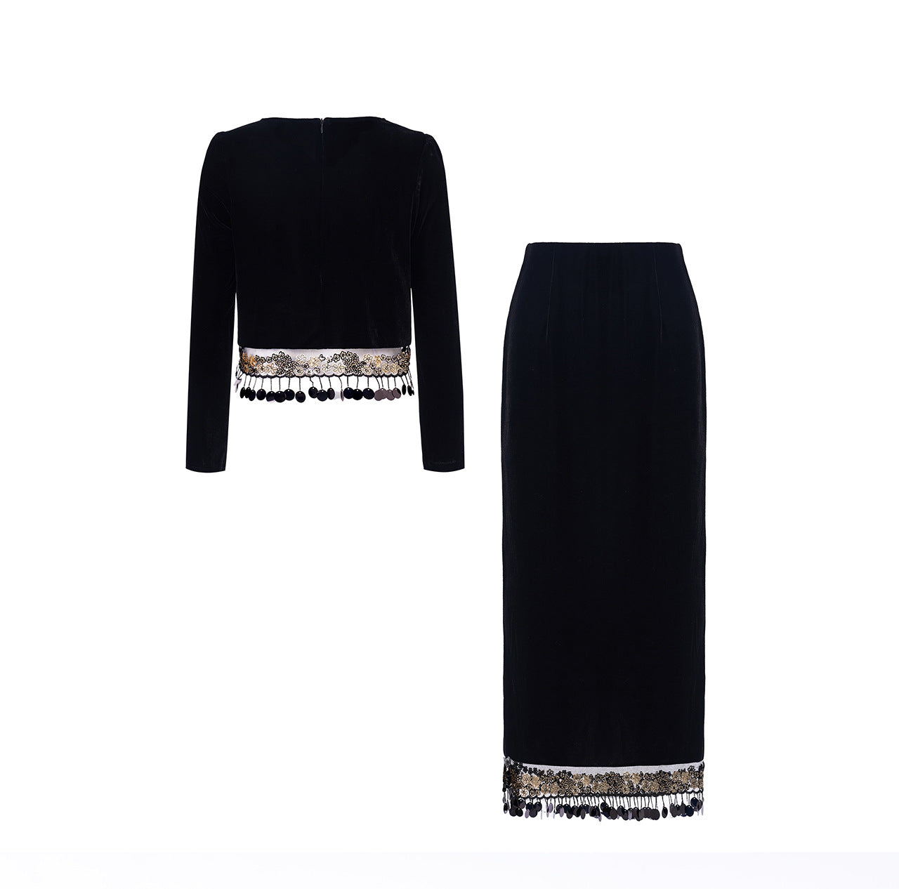 Velvet Fringe Detail Two-Piece Skirt & Top Set