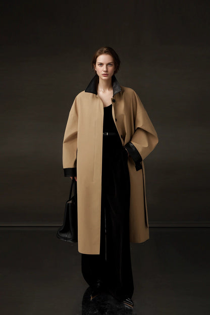 Leather-Trimmed Polo Collar Oversized Long Trench Coat
