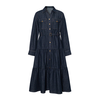 High-Waisted Tiered Midi Denim Dress – Button-Up Shirt Style with Layered Skirt