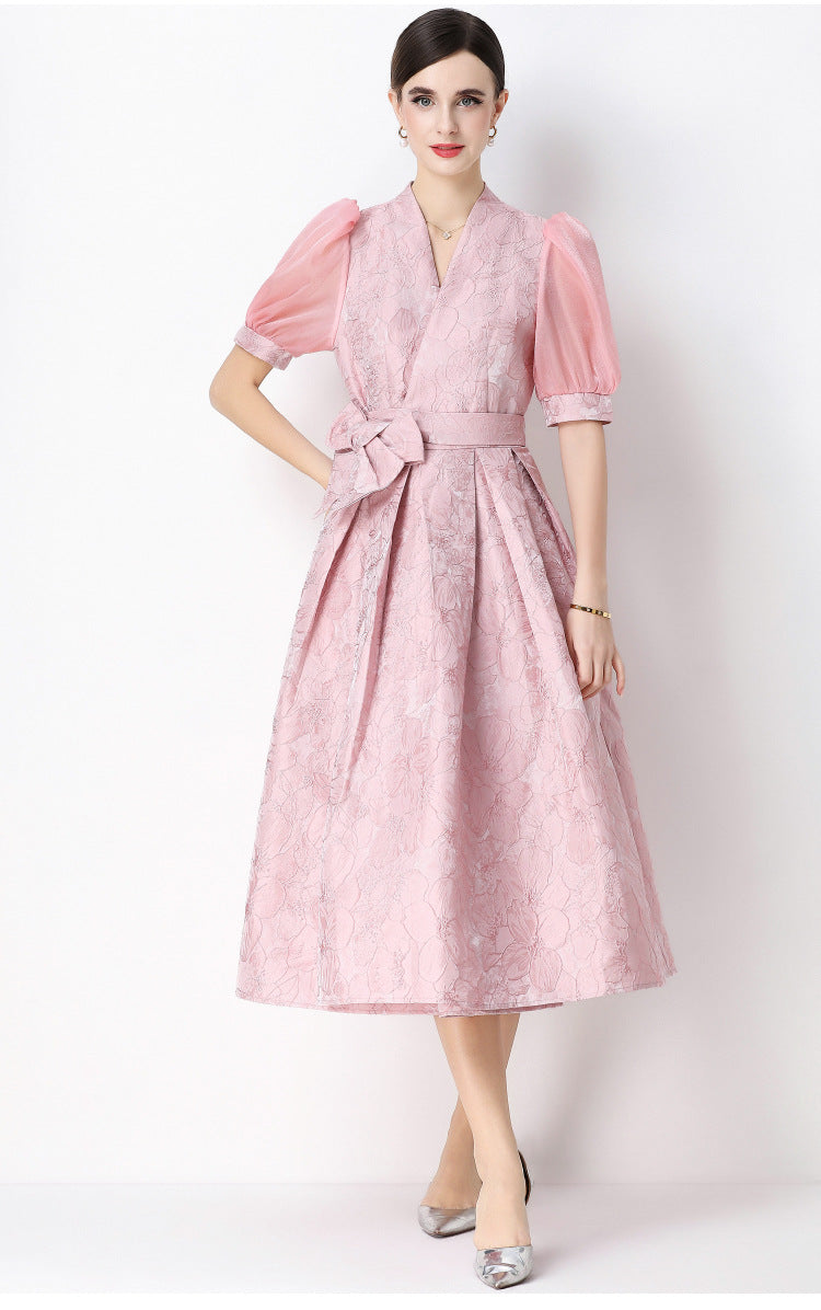 Jacquard Puff Sleeve V-Neck Maxi Dress