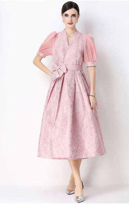Jacquard Puff Sleeve V-Neck Maxi Dress