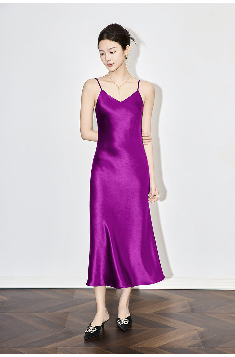 Satin-Texture Acetate Slip Dress with Spaghetti Straps