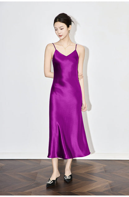 Satin-Texture Acetate Slip Dress with Spaghetti Straps