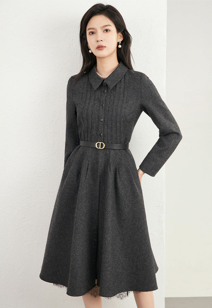 Wool-Blend Herringbone A-Line French Dress