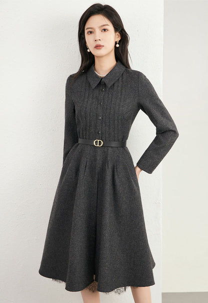 Wool-Blend Herringbone A-Line French Dress