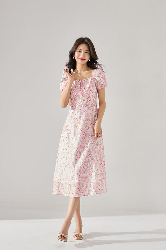 Fitted Waist Polka Dot Puff Sleeve Summer Dress