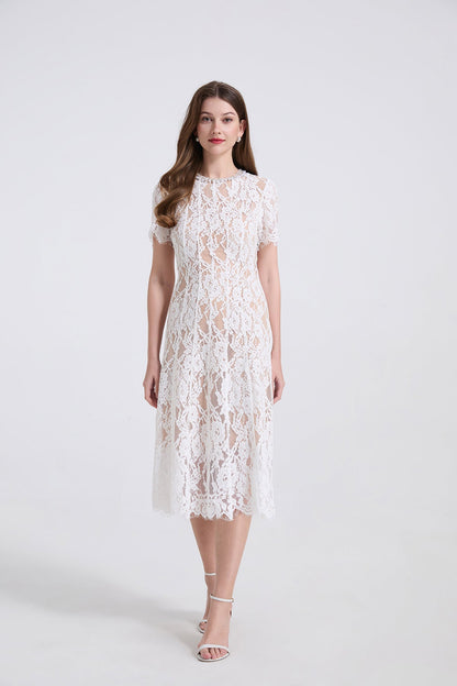 Pearl Embellished Lace Midi Dress