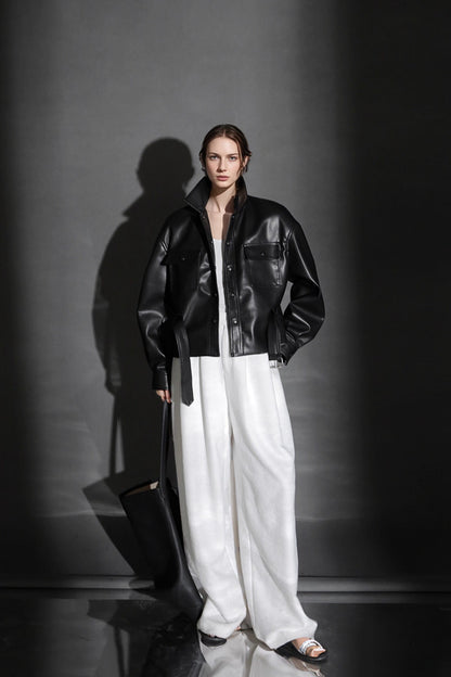 Polo Collar Genuine Lamb Leather Jacket